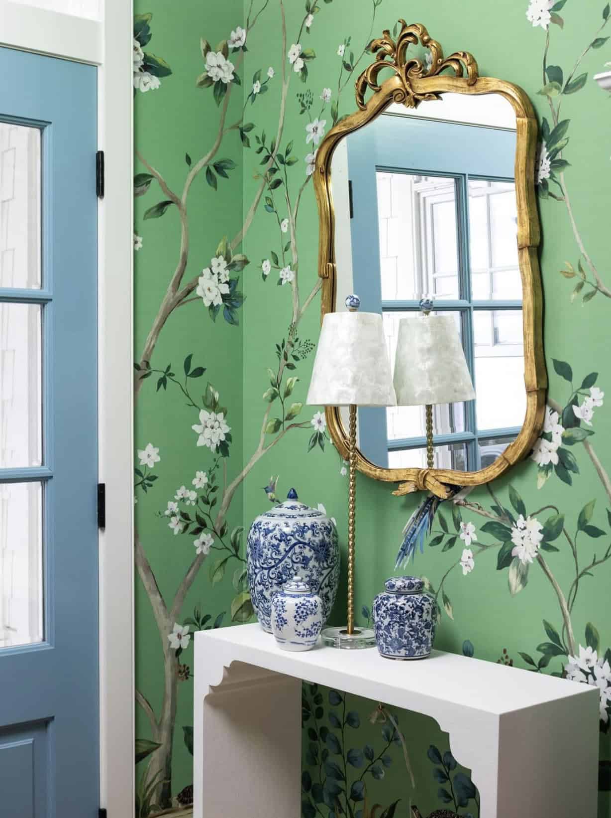 coastal cottage-style home entry with a console table