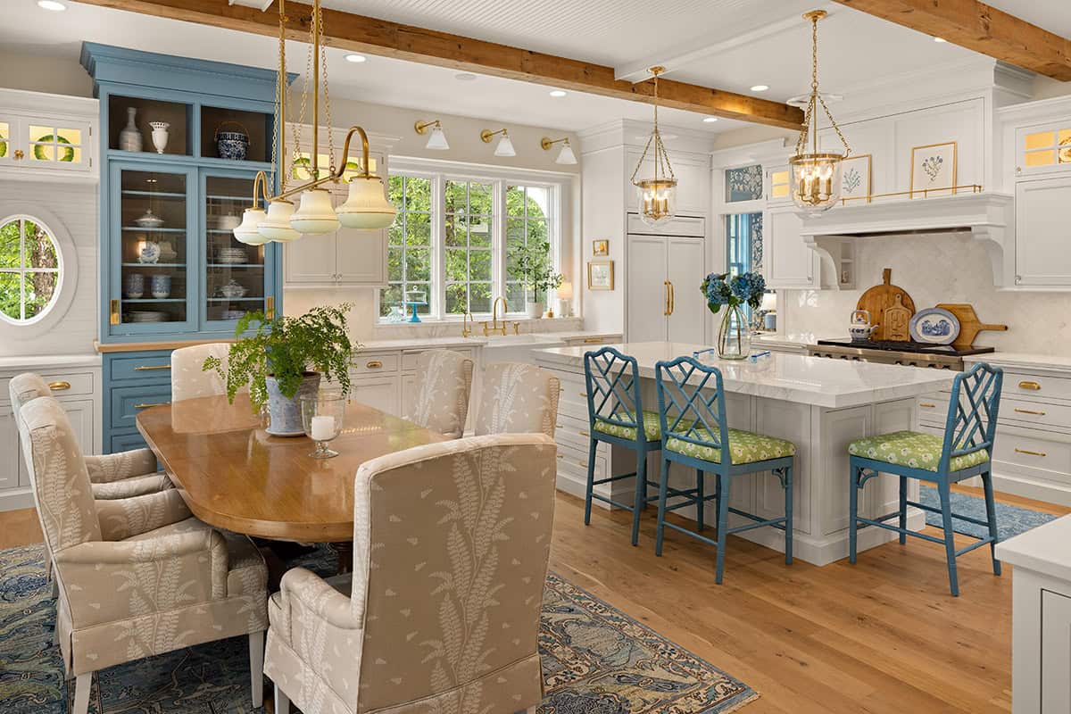 coastal cottage-style dining room and kitchen