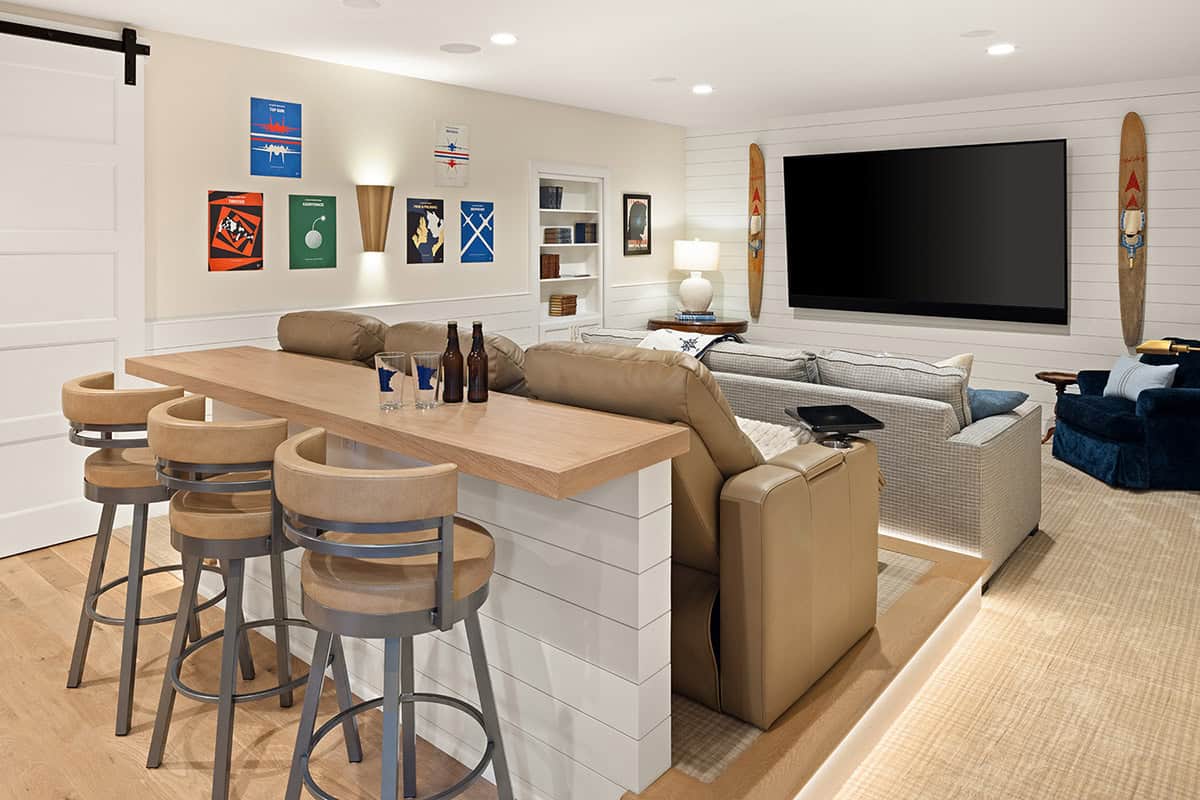 coastal cottage-style home theater room