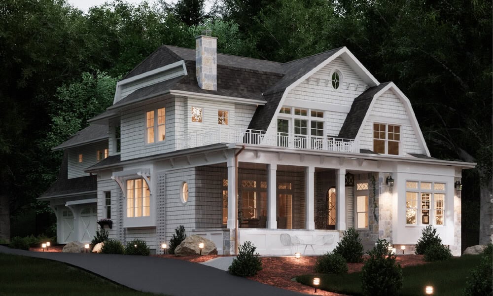 coastal cottage-style home exterior at dusk