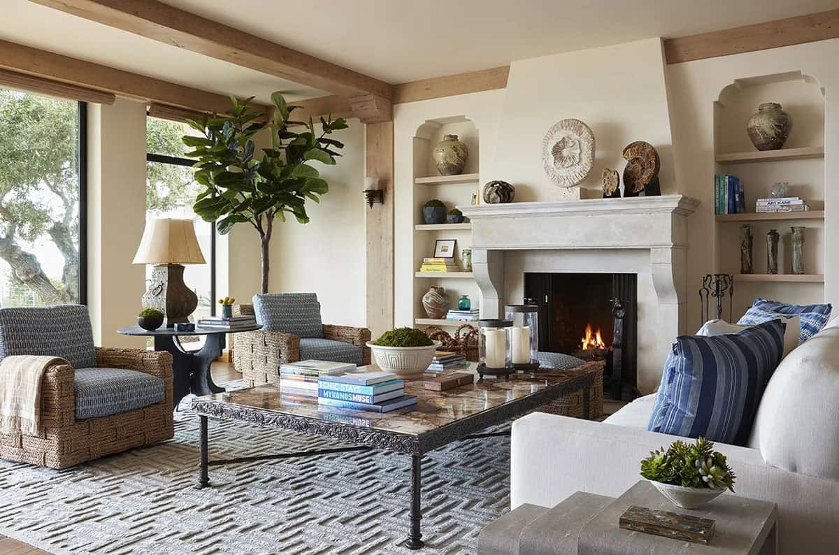 coastal style living room with a fireplace