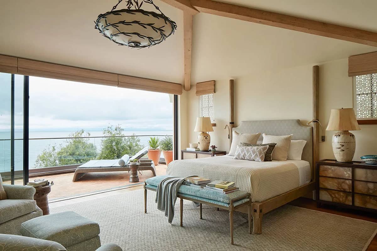 coastal style bedroom with sliding glass doors