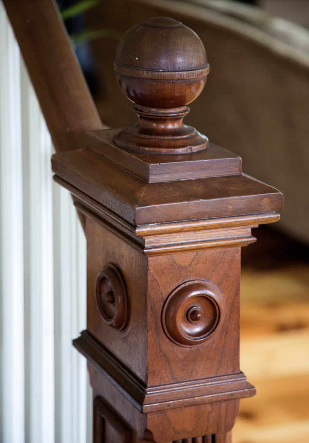 farmhouse style staircase newel post detail