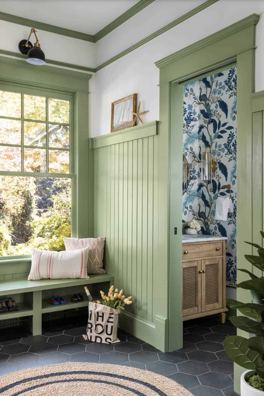 transitional style mudroom entry