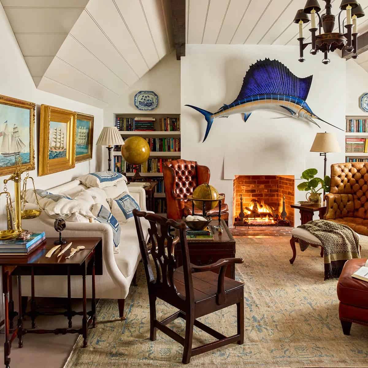 traditonal style family room with a fireplace