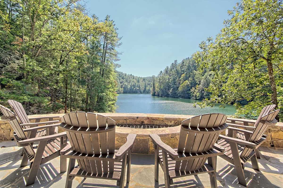 farmhouse style patio with lake views