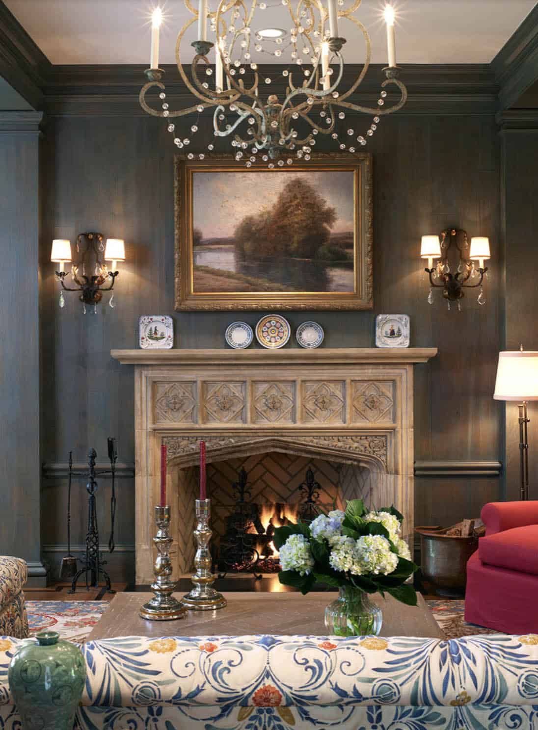 transitional living room with a fireplace