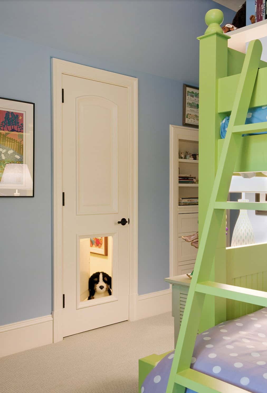 transitional style kids bunk bedroom with a pet door