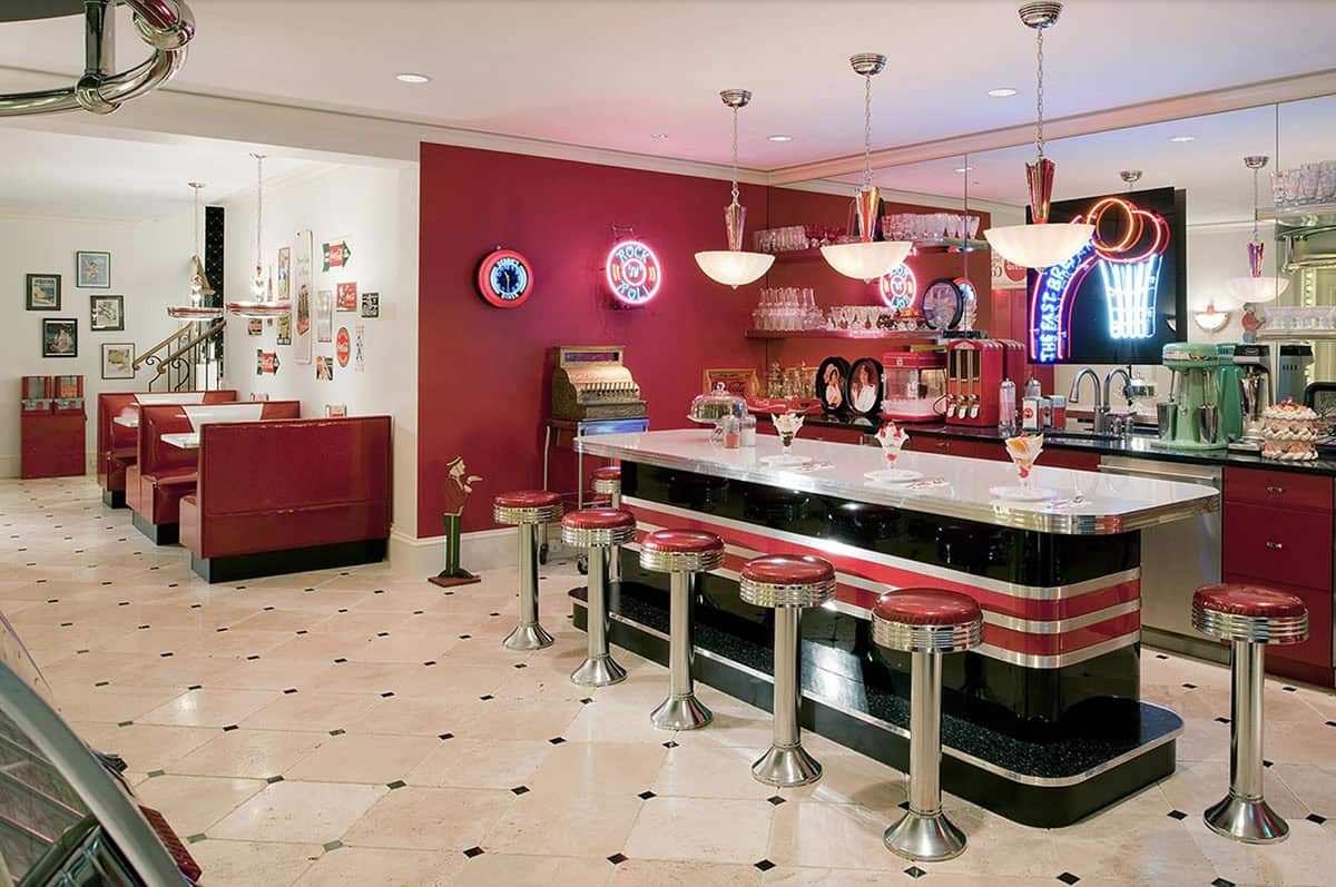 eclectic basement with a vintage soda shop