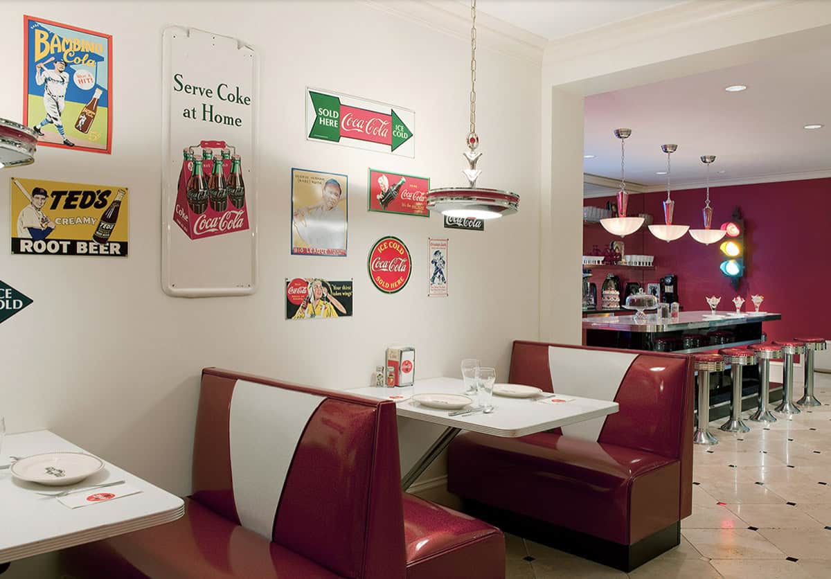 eclectic basement with a vintage soda shop and diner