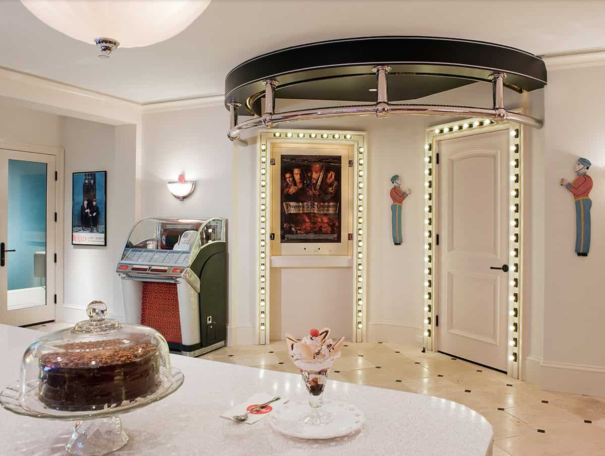 eclectic basement with a movie room