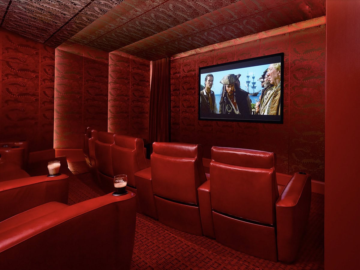 eclectic basement with a home theater