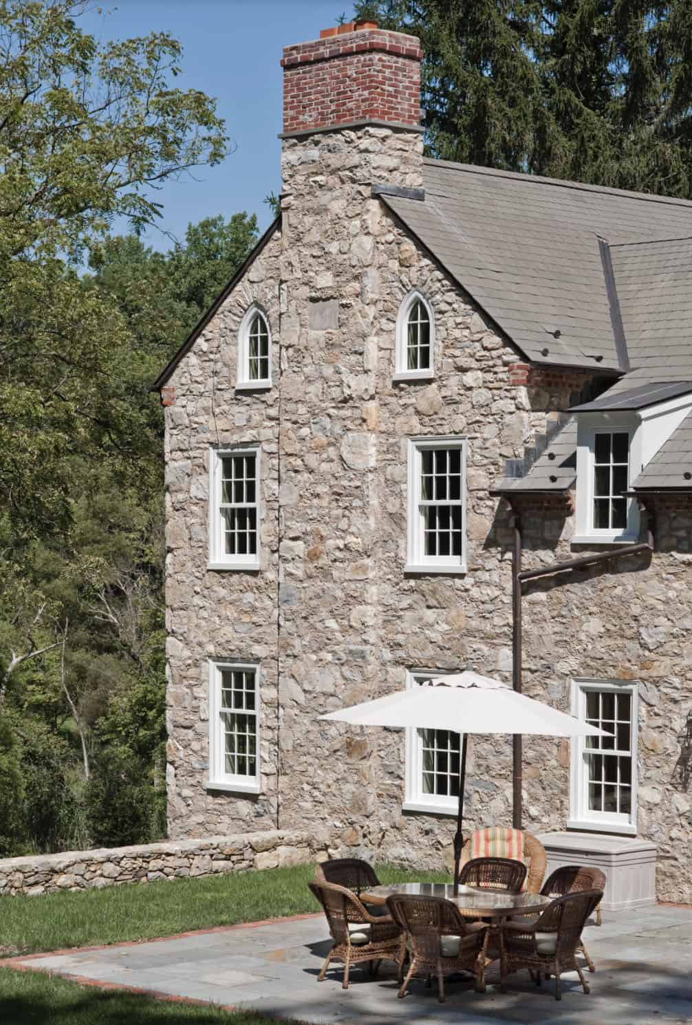 farmhouse exterior backyard with a patio