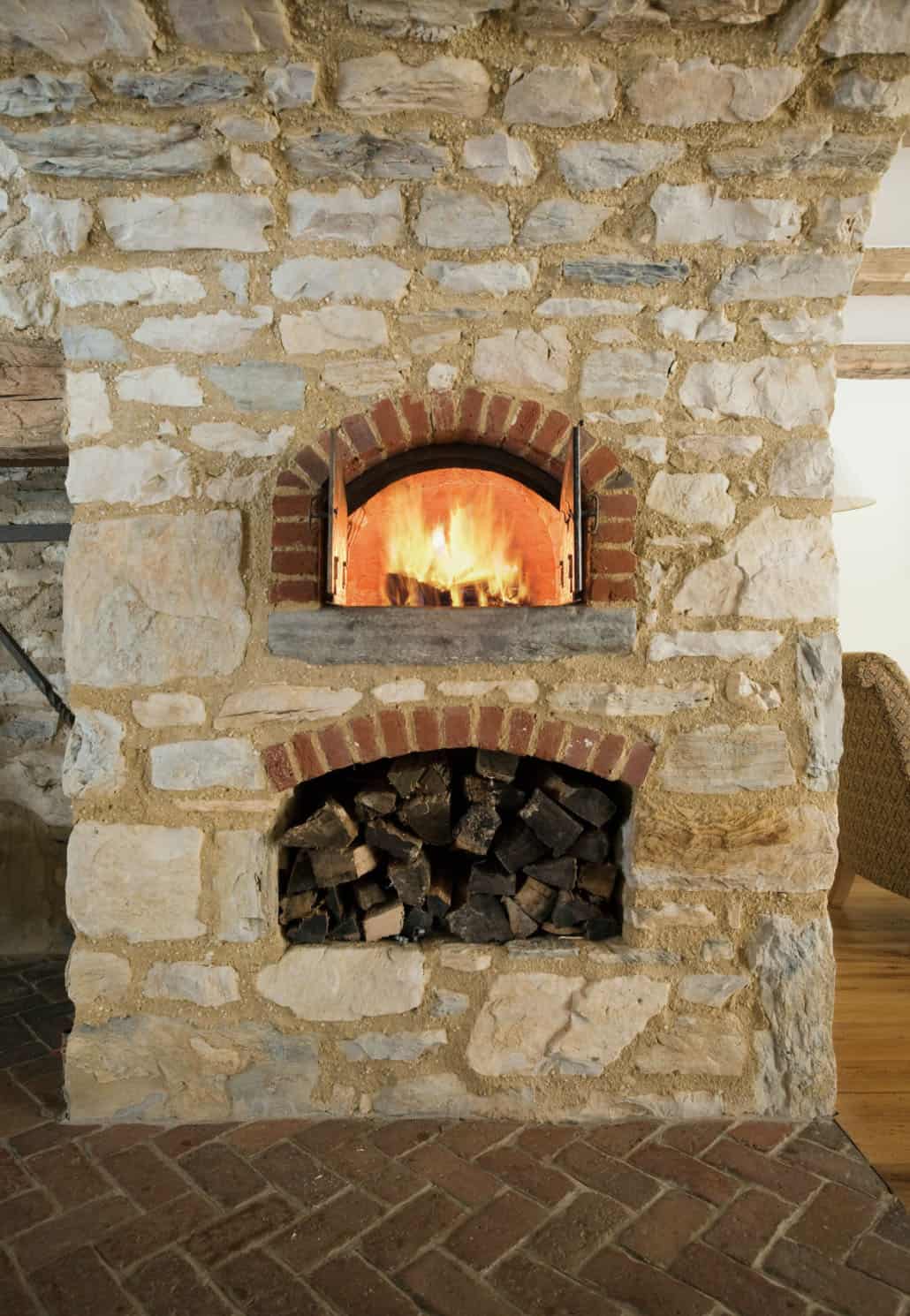 farmhouse style kitchen with a pizza oven