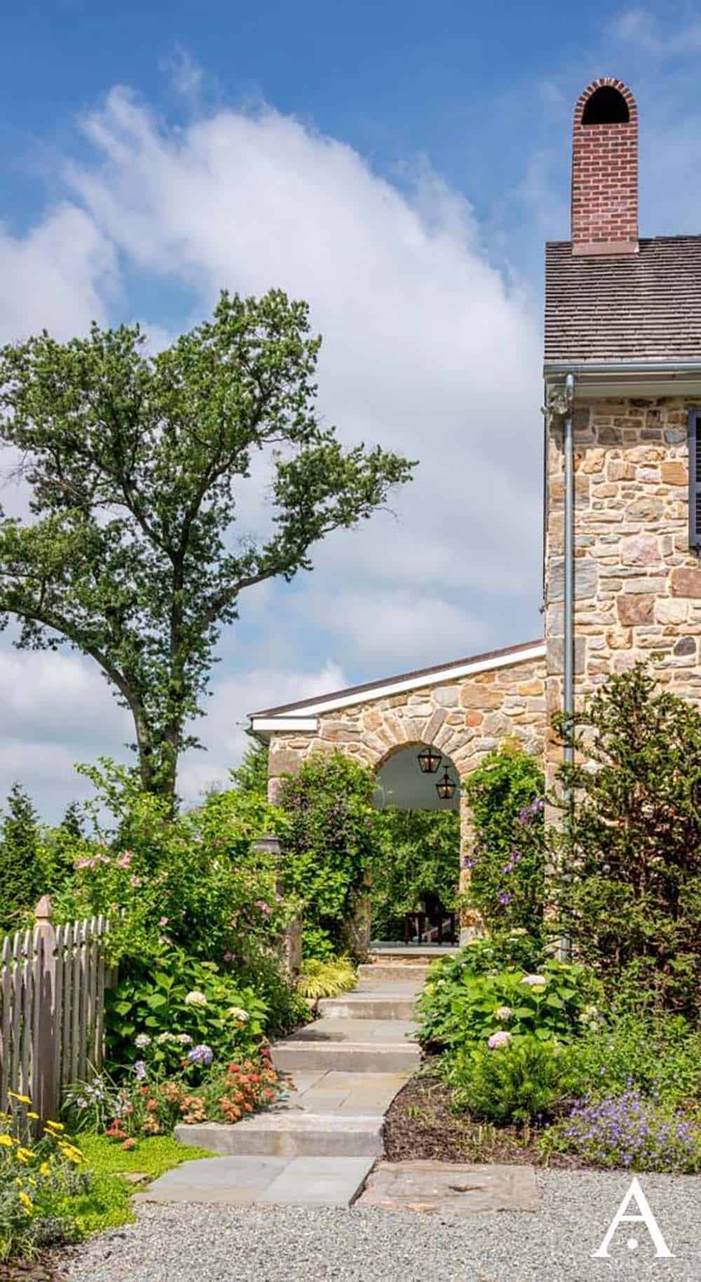 historic farmhouse home exterior with a garden