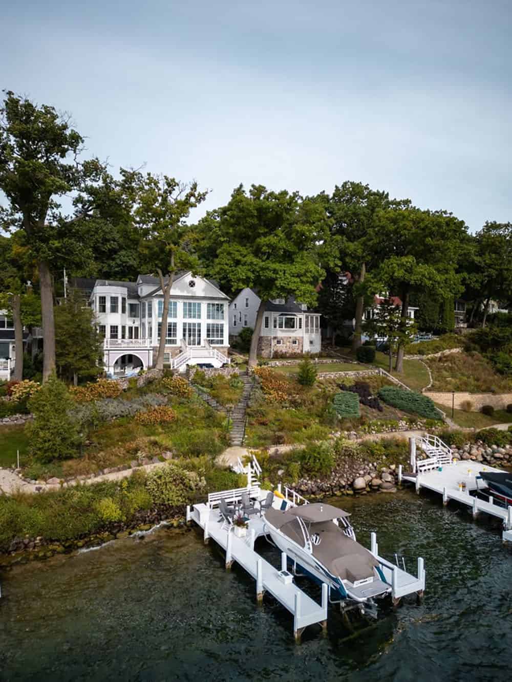 Greek Revival house exterior view from the lake