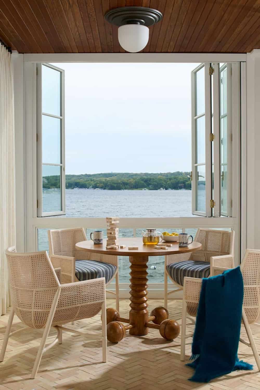 contemporary enclosed porch with large windows and a lake view