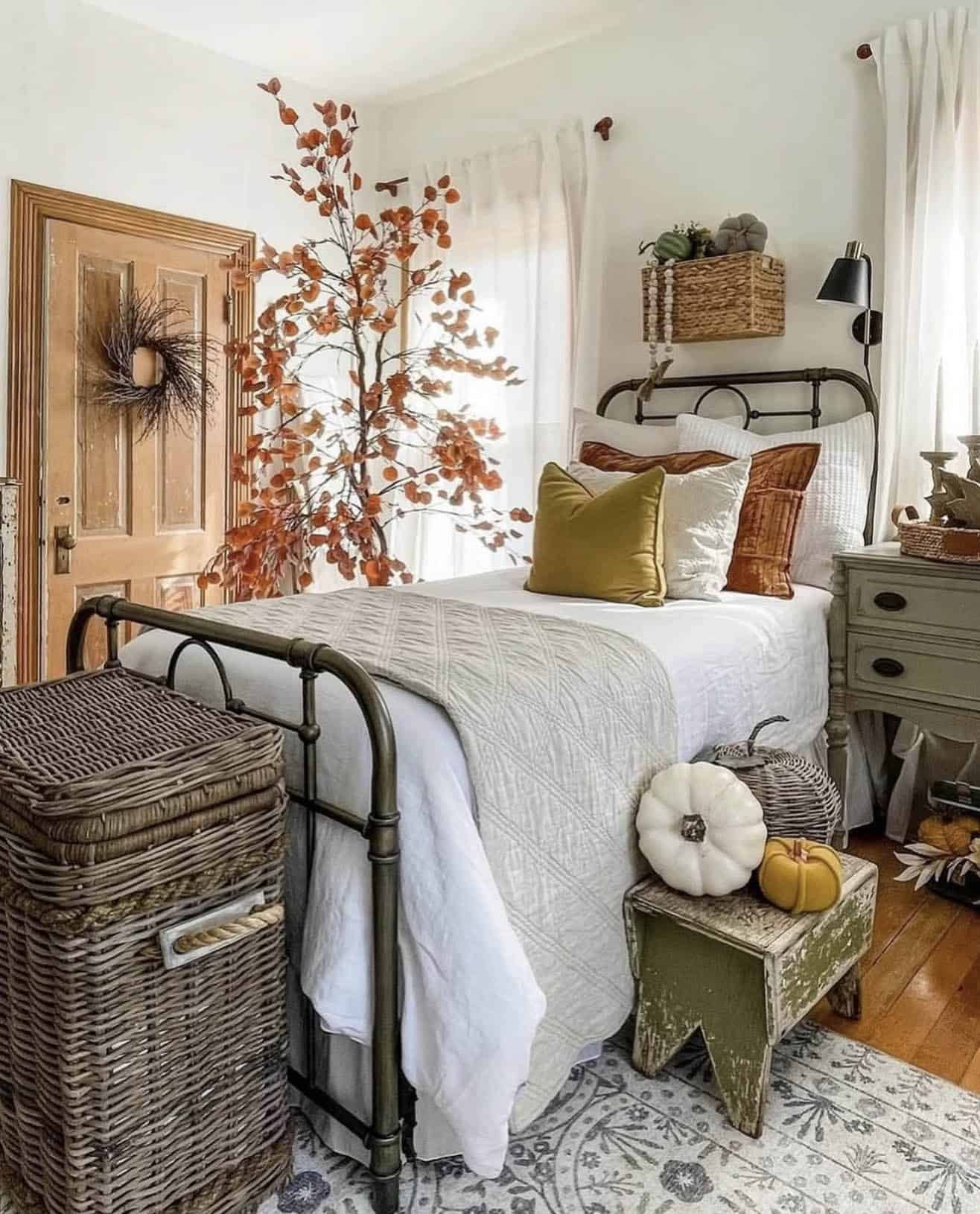 fall decorated bedroom with a neutral color palette
