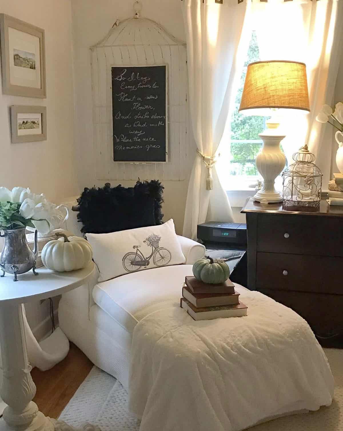 cozy reading nook with fall decorations