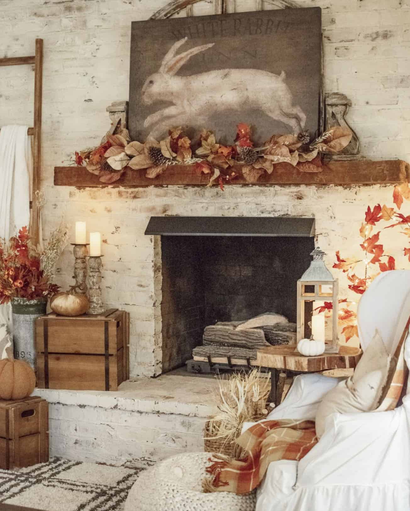 fireplace with fall decorations
