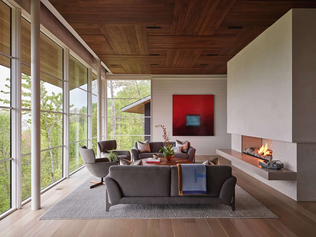 modern living room with a fireplace
