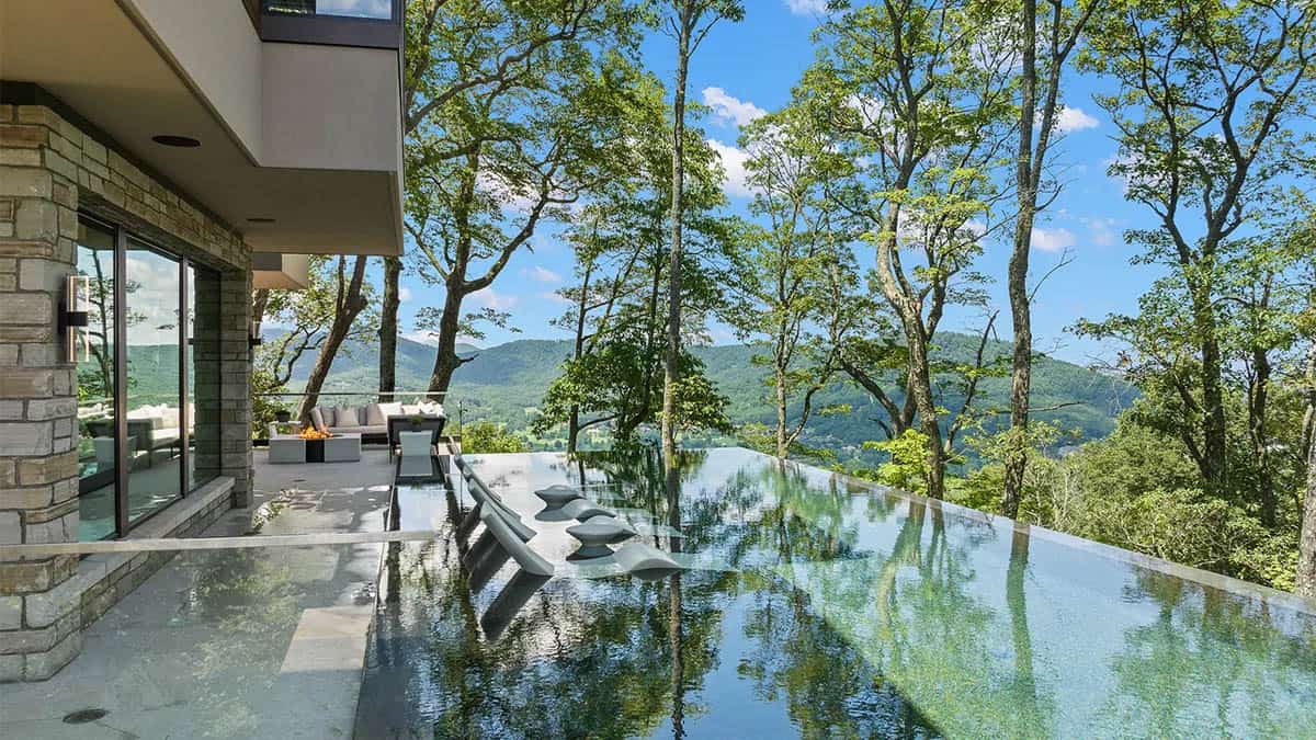 modern mountain home exterior with a pool