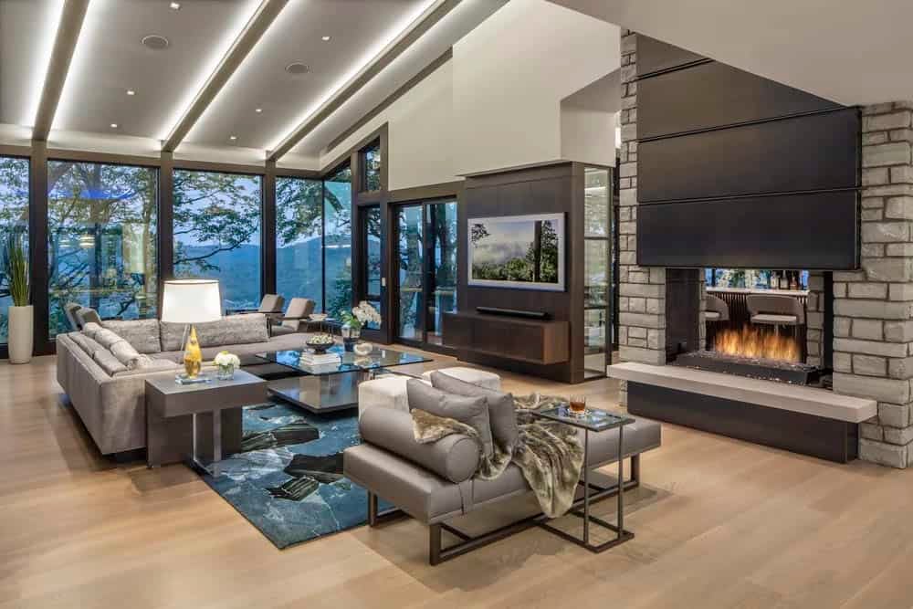 contemporary living room with a fireplace