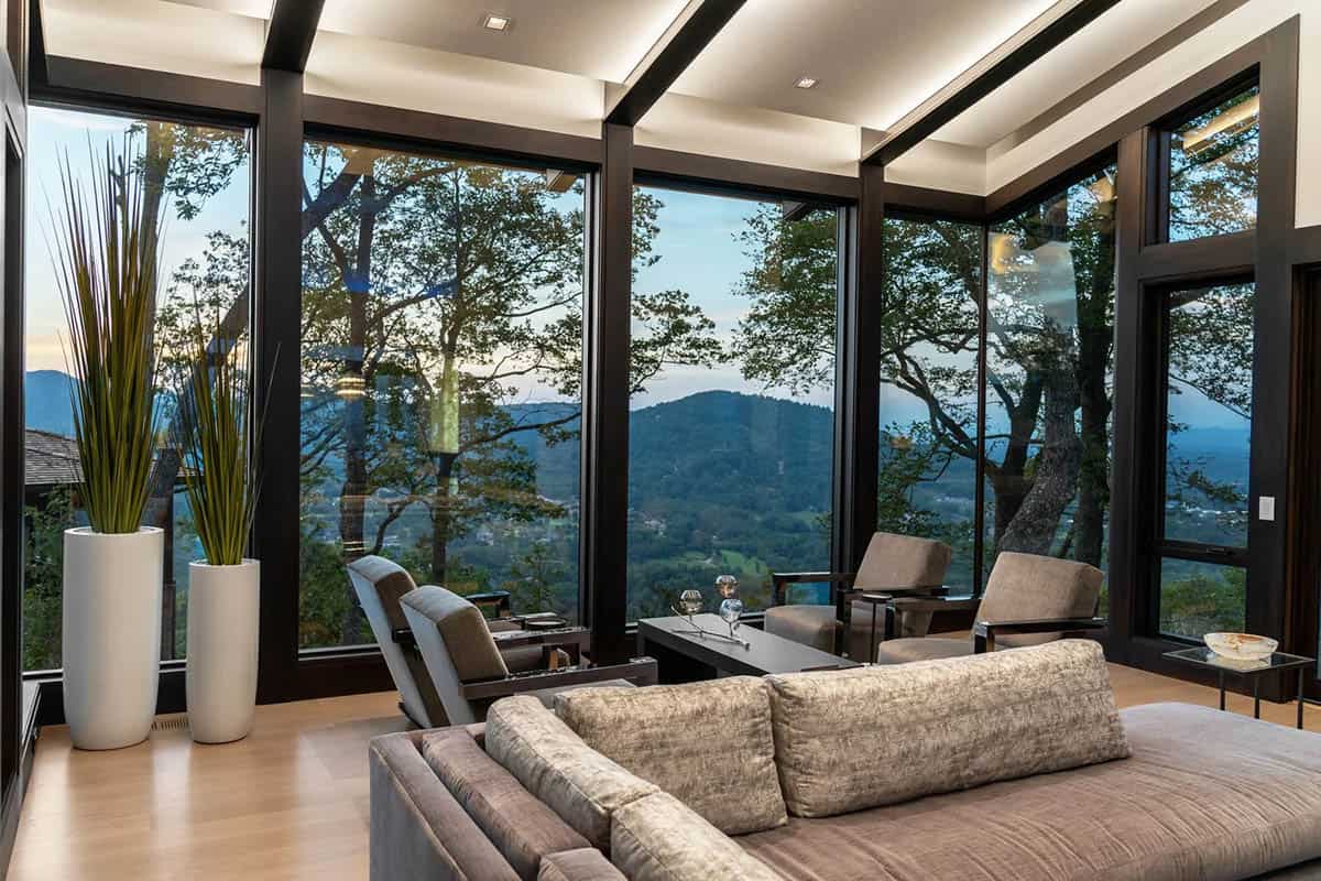 contemporary living room with sliding glass doors