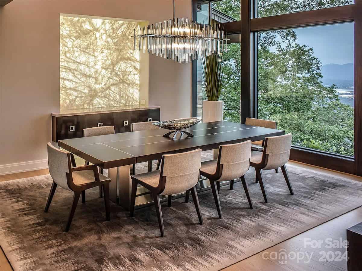 contemporary dining room with a fireplace
