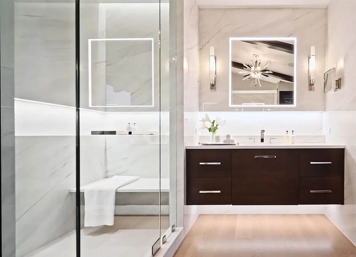 contemporary bathroom with a vanity and shower