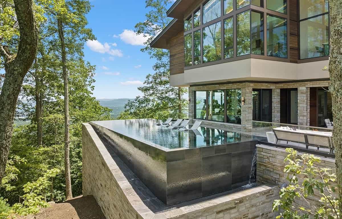 modern mountain home exterior with a pool
