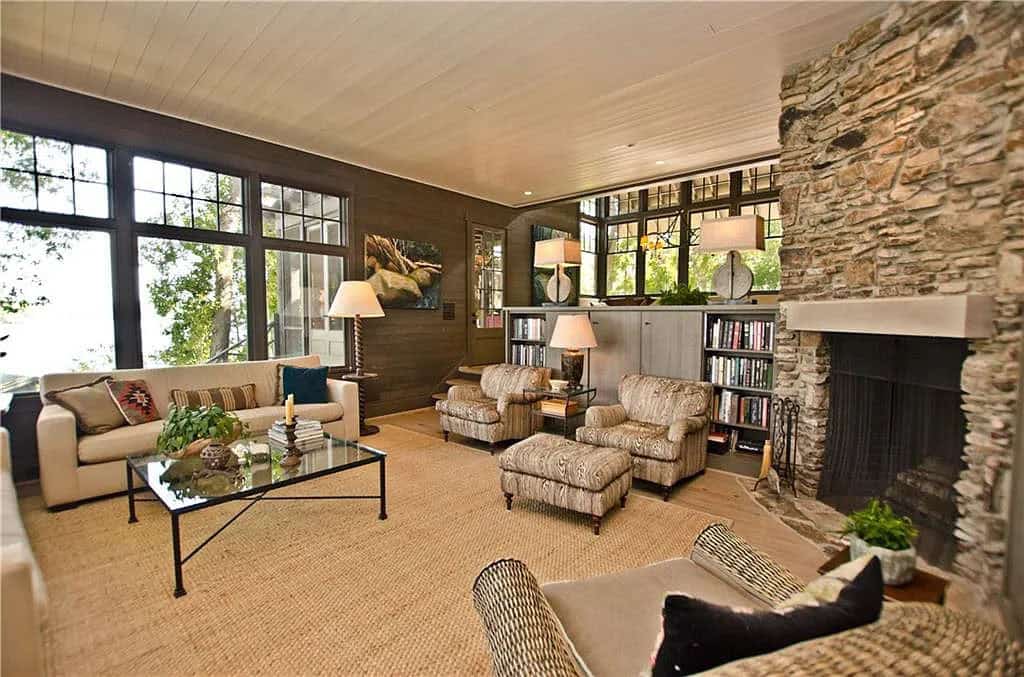 transitional style living room with a fireplace