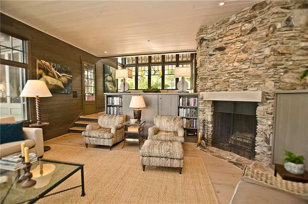 transitional style living room with a fireplace