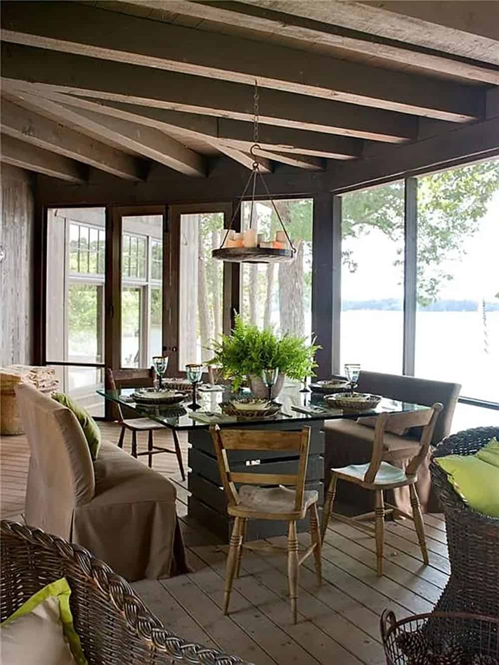 transitional style screened porch with alfresco dining