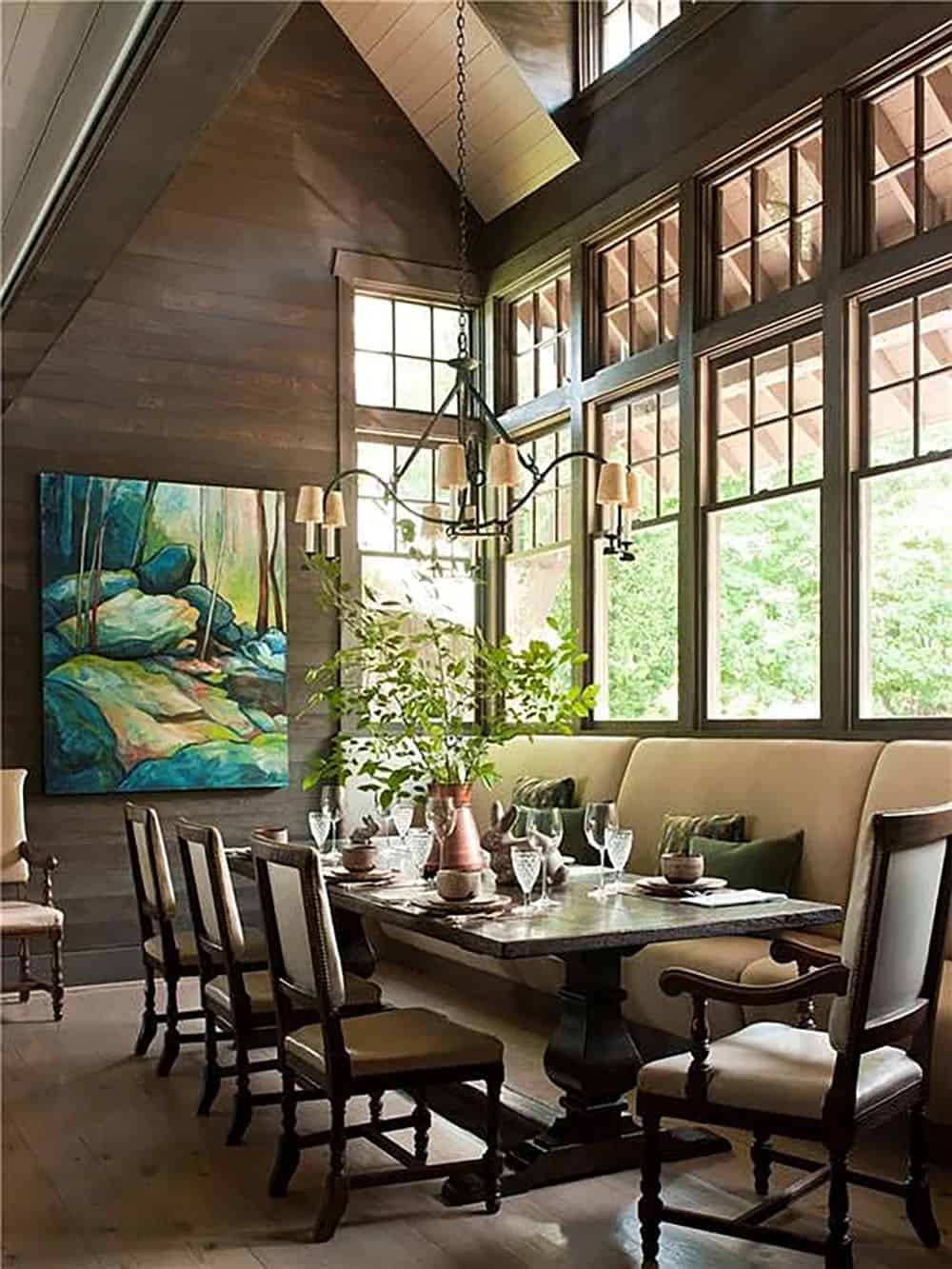 rustic dining room with a banquette