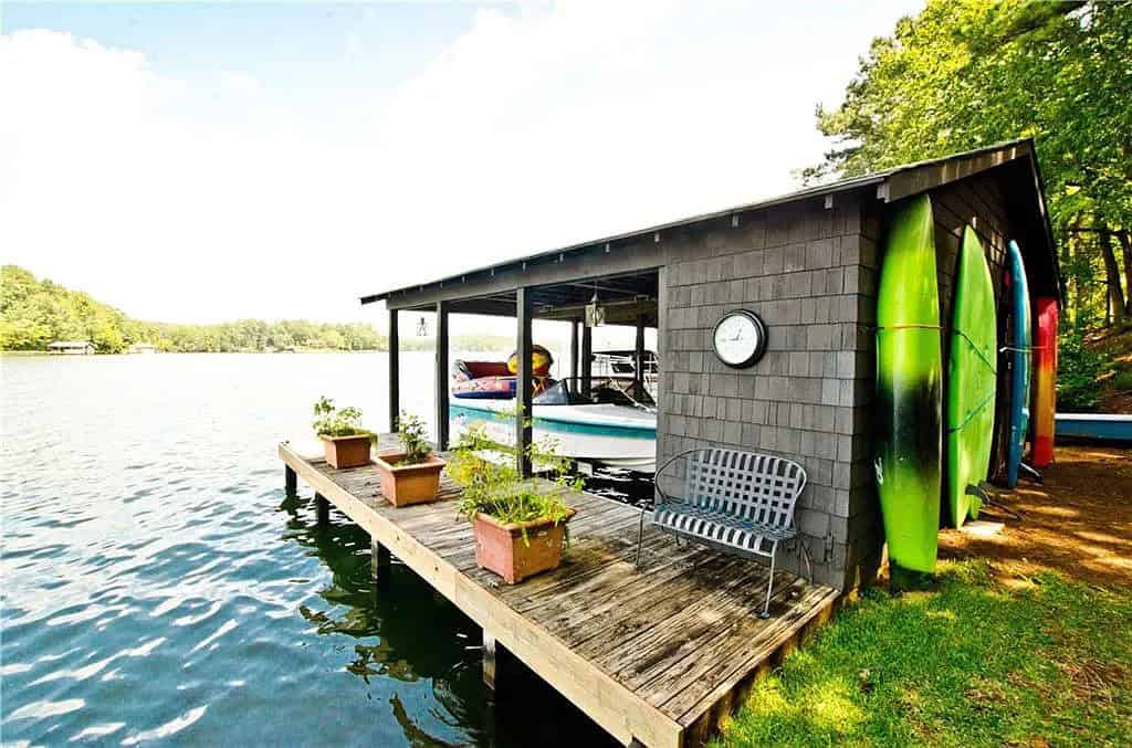 rustic lake house exterior boat house