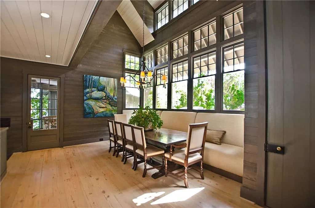 rustic dining room with a built-in banquette