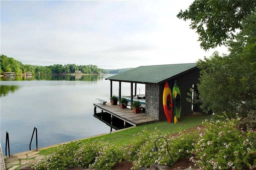 rustic lake house exterior boat house