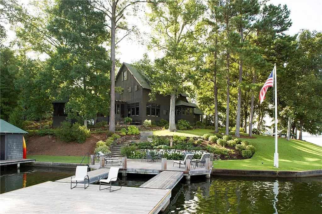 rustic lake house exterior boat dock