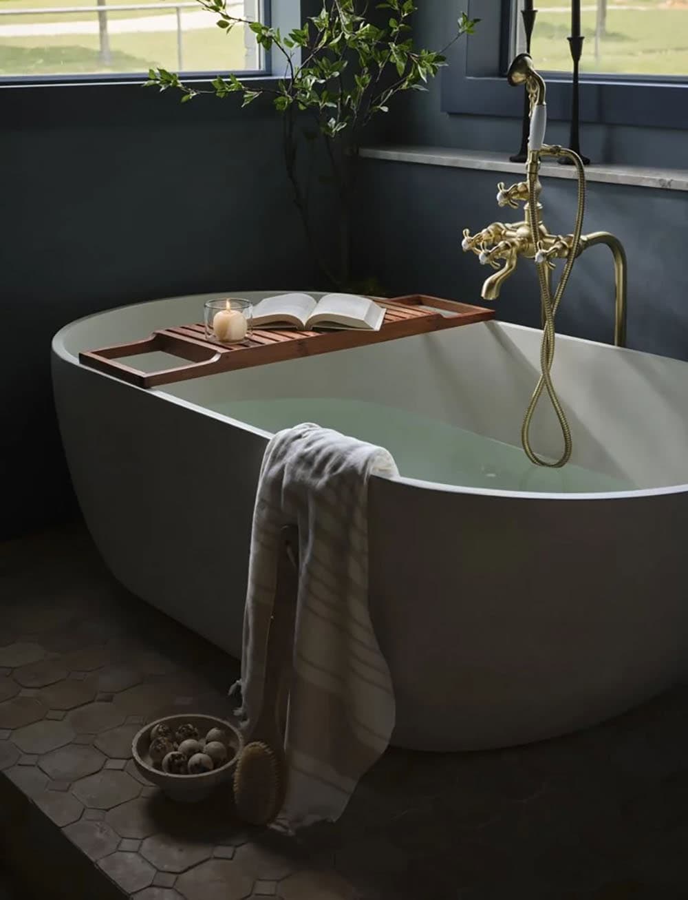 Transitional Bathroom with a freestanding tub