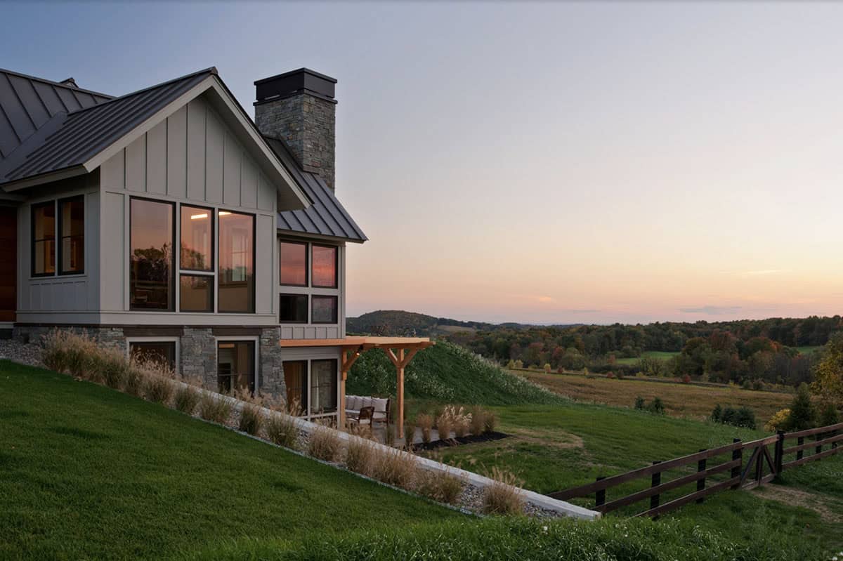 modern farmhouse exterior at dusk