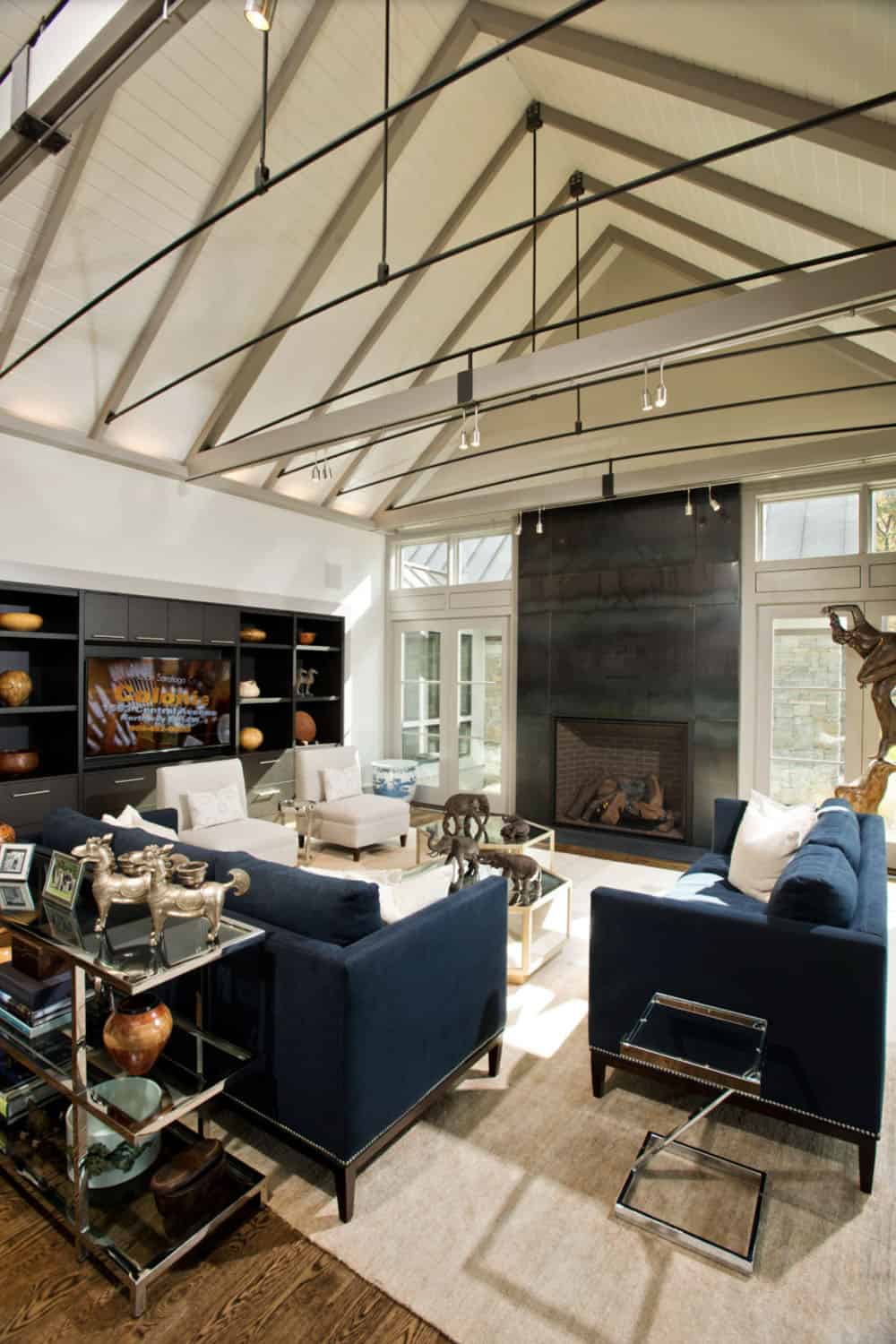 modern farmhouse style living room with a fireplace