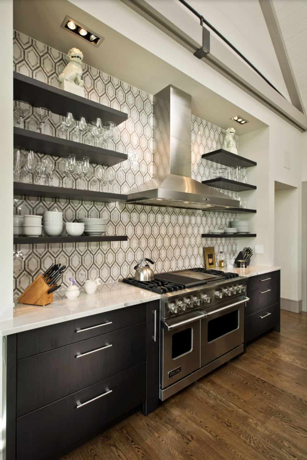 modern farmhouse style kitchen range wall with floating shelves