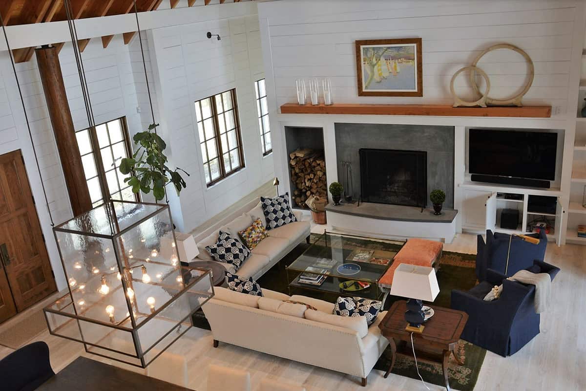 modern farmhouse living room with a fireplace