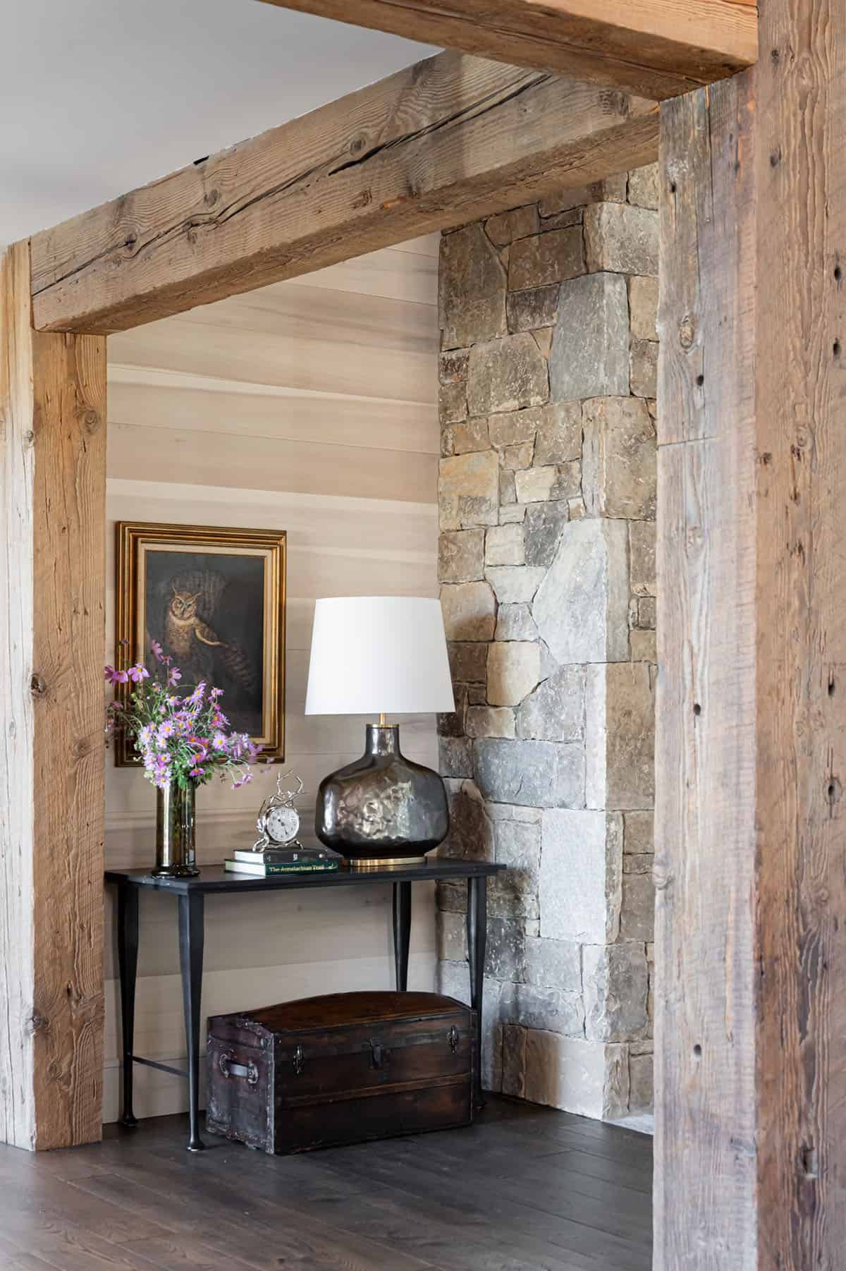 modern rustic home entry with a console table