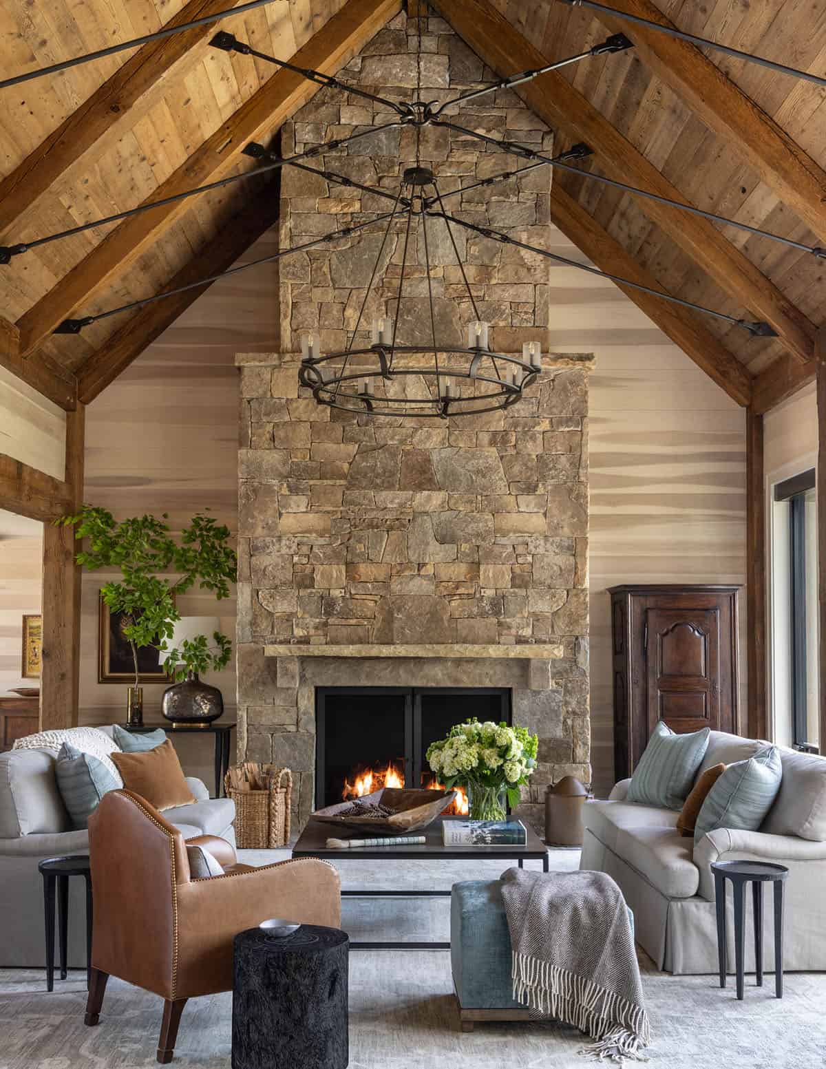 modern rustic living room with a fireplace