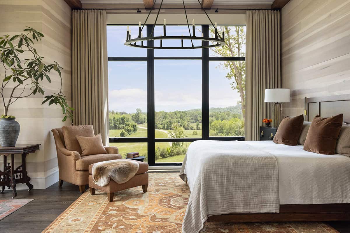 modern rustic bedroom with a large window