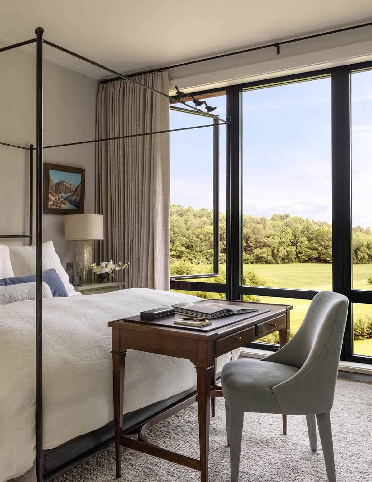transitional style guest bedroom with sliding glass doors