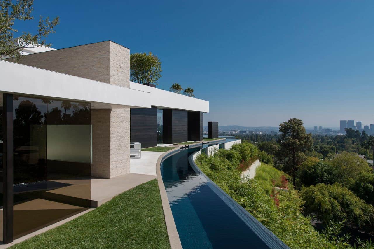 modern home exterior with a pool