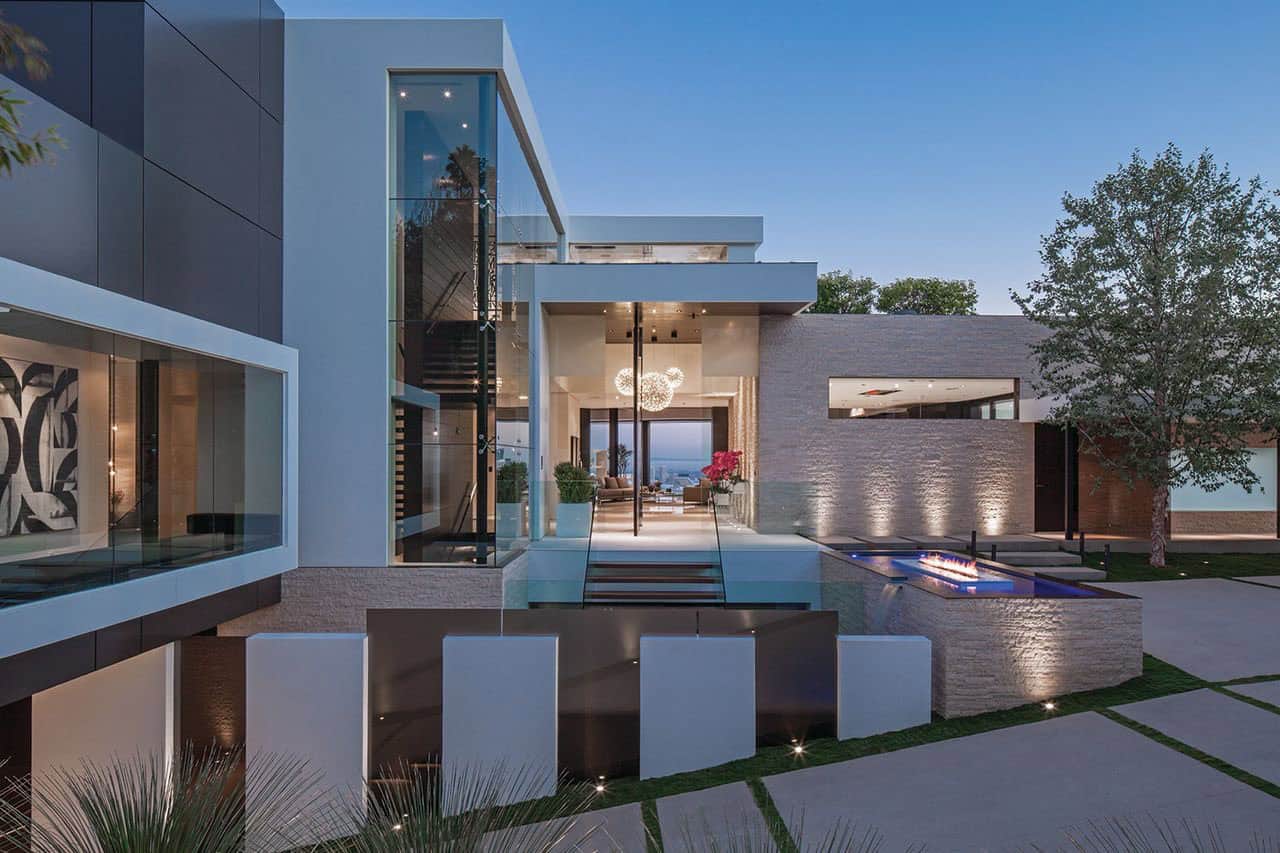 modern home exterior at dusk